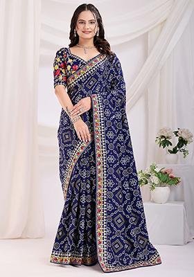 Blue Bandhani Print Silk Sarees