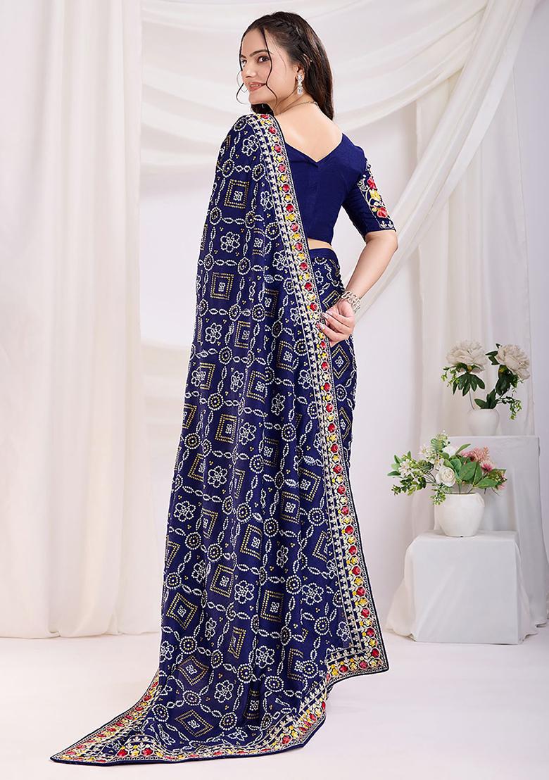 Blue Bandhani Print Silk Sarees