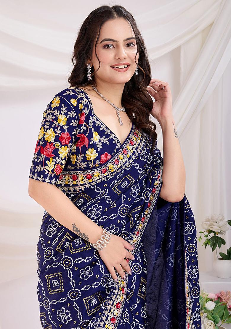Blue Bandhani Print Silk Sarees