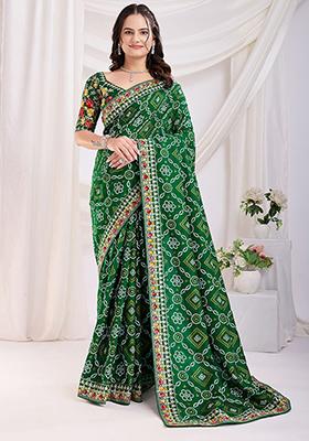 Green Bandhani Print Silk Sarees
