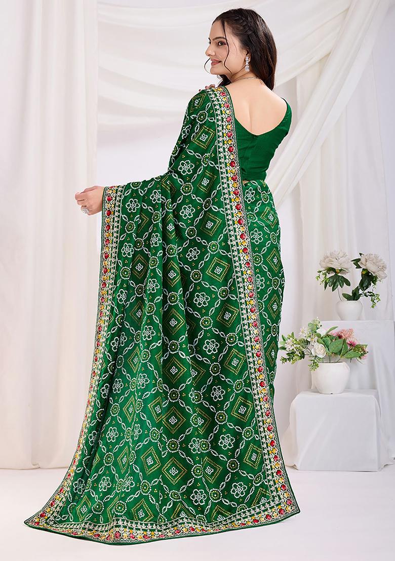 Green Bandhani Print Silk Sarees