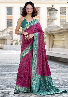 Purple Bandhani Print Silk Sarees