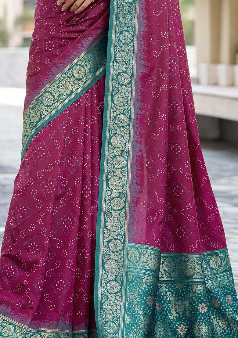 Purple Bandhani Print Silk Sarees