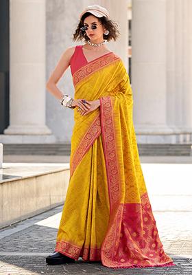 Yellow Bandhani Print Silk Sarees