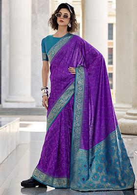 Purple Bandhani Print Silk Sarees