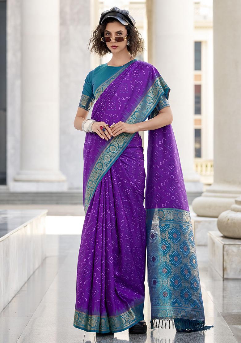 Purple Bandhani Print Silk Sarees
