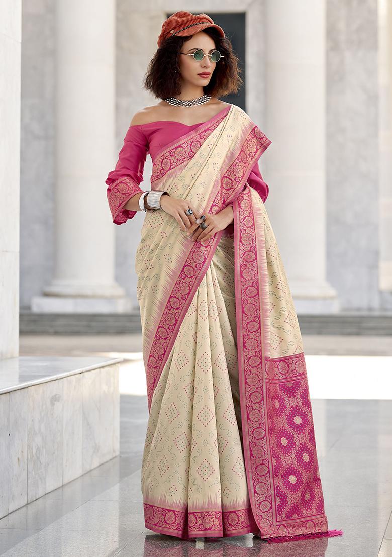 Beige Bandhani Print Silk Sarees