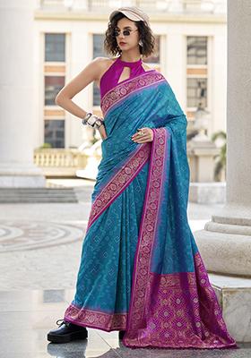 Blue Bandhani Print Silk Sarees
