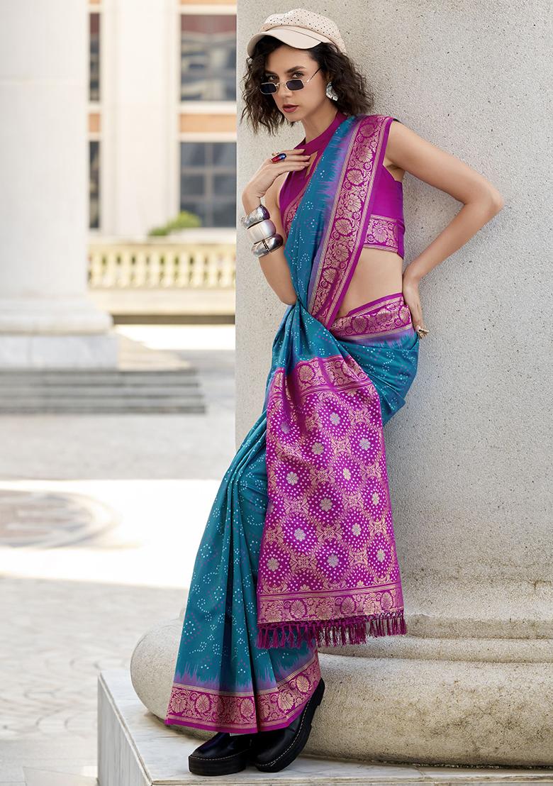 Blue Bandhani Print Silk Sarees