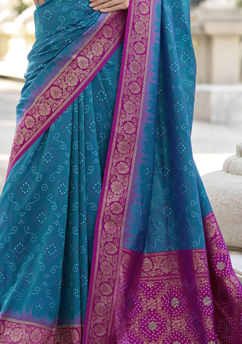 Blue Bandhani Print Silk Sarees