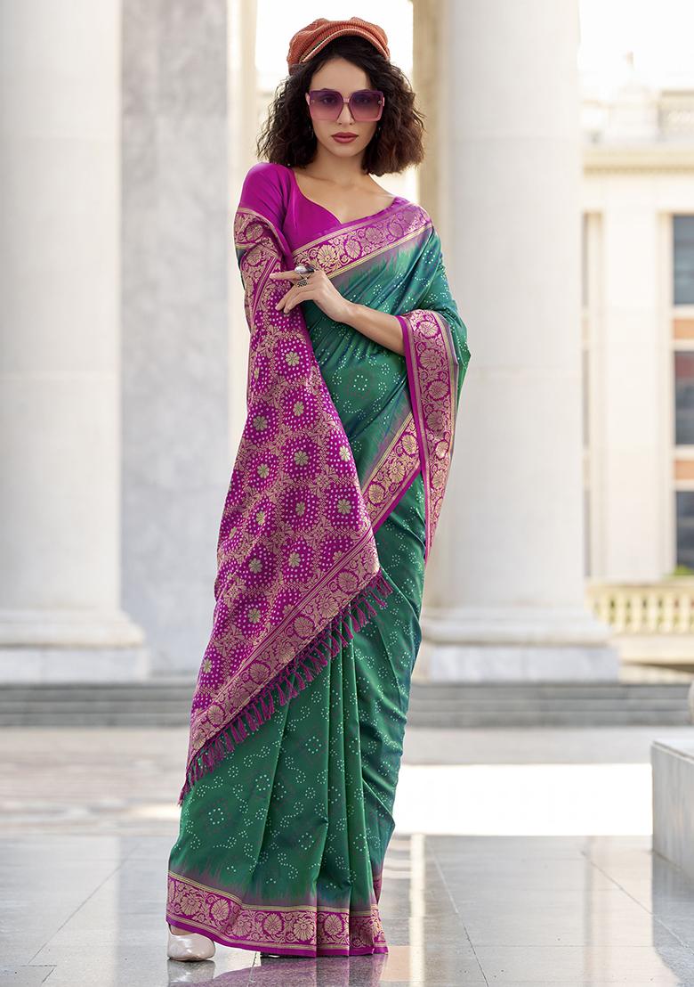 Green Bandhani Print Silk Sarees