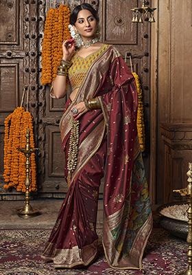 Maroon Zari Weaving Silk Sarees
