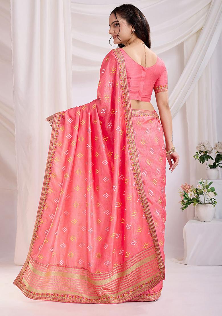 Pink Bandhani Print Silk Sarees
