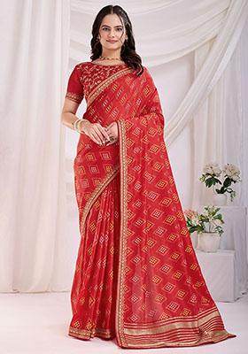 Red Bandhani Print Silk Sarees