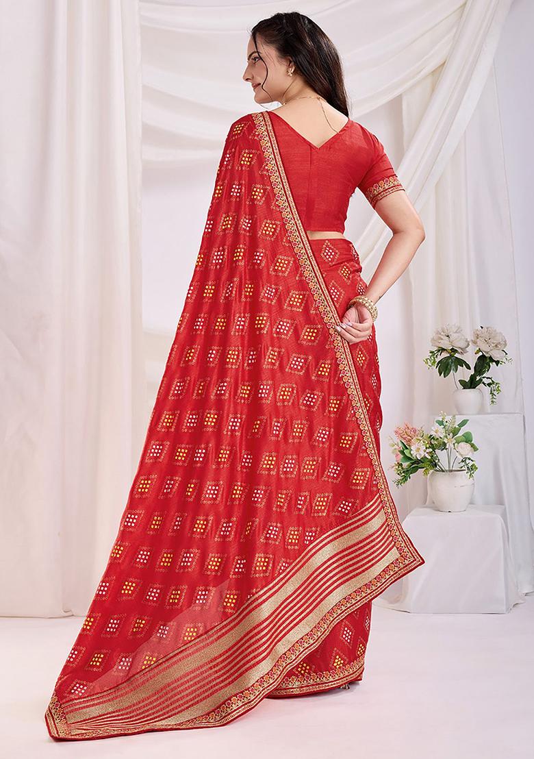 Red Bandhani Print Silk Sarees