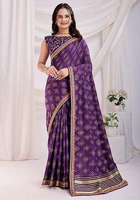 Purple Bandhani Print Silk Sarees