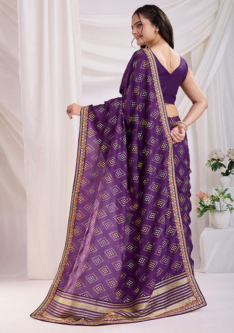 Purple Bandhani Print Silk Sarees