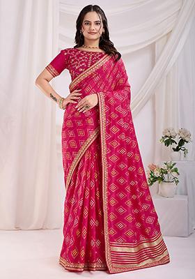 Pink Bandhani Print Silk Sarees