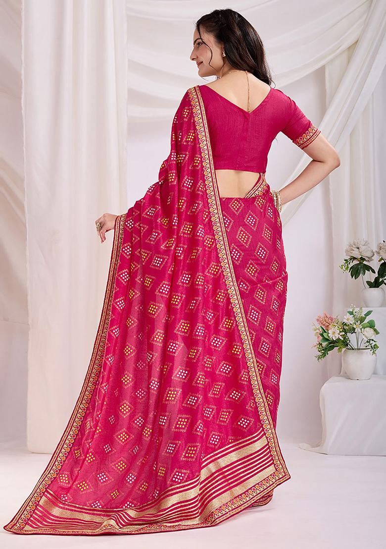 Pink Bandhani Print Silk Sarees