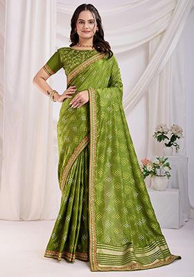 Green Bandhani Print Silk Sarees