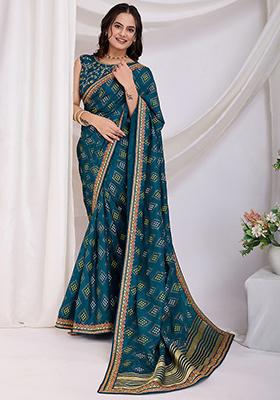 Blue Bandhani Print Silk Sarees