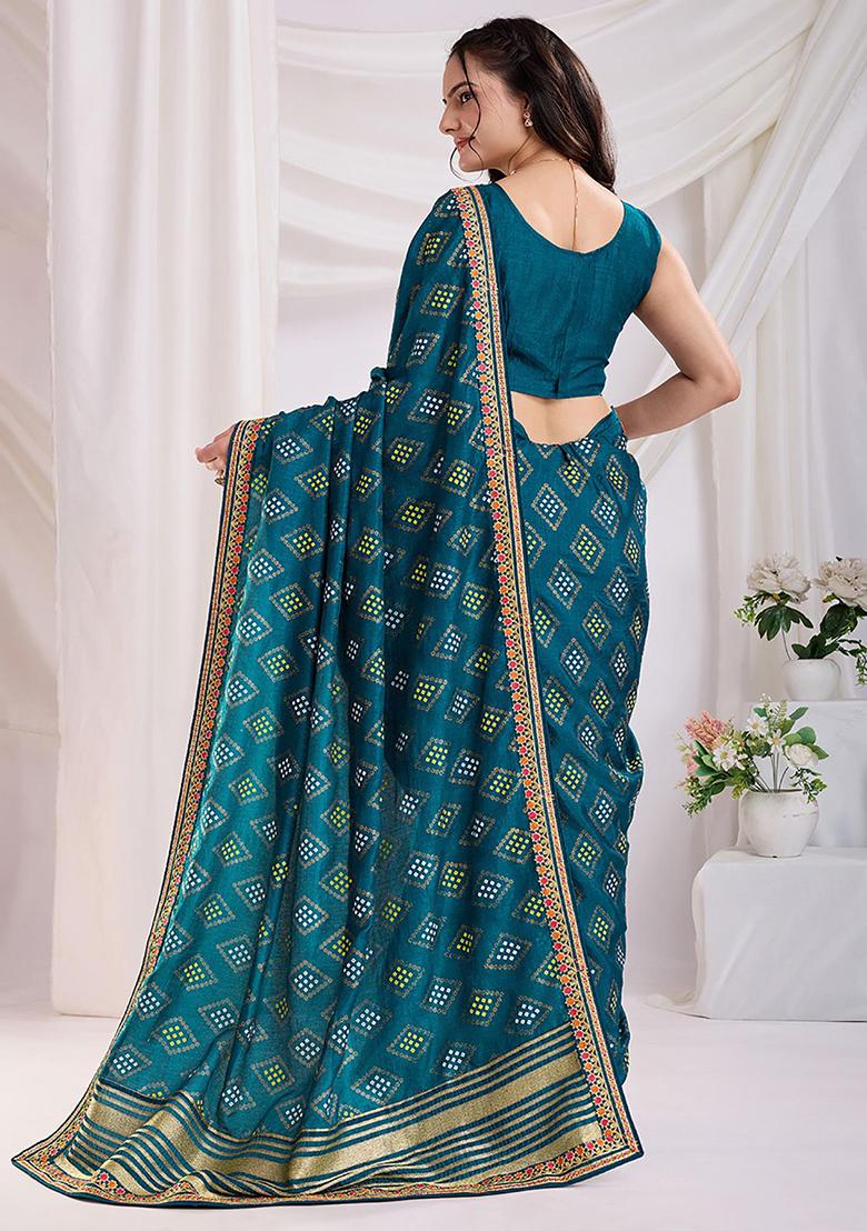 Blue Bandhani Print Silk Sarees