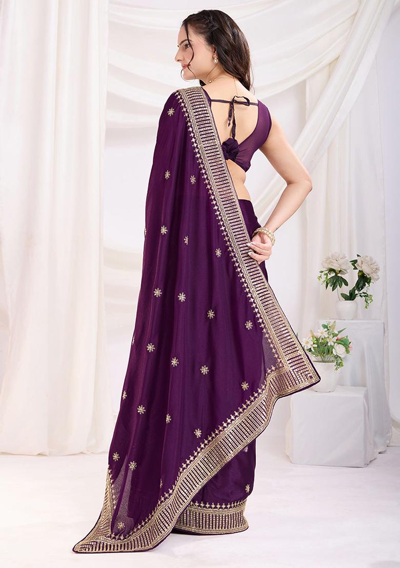 Purple Lace Work Chinon Sarees