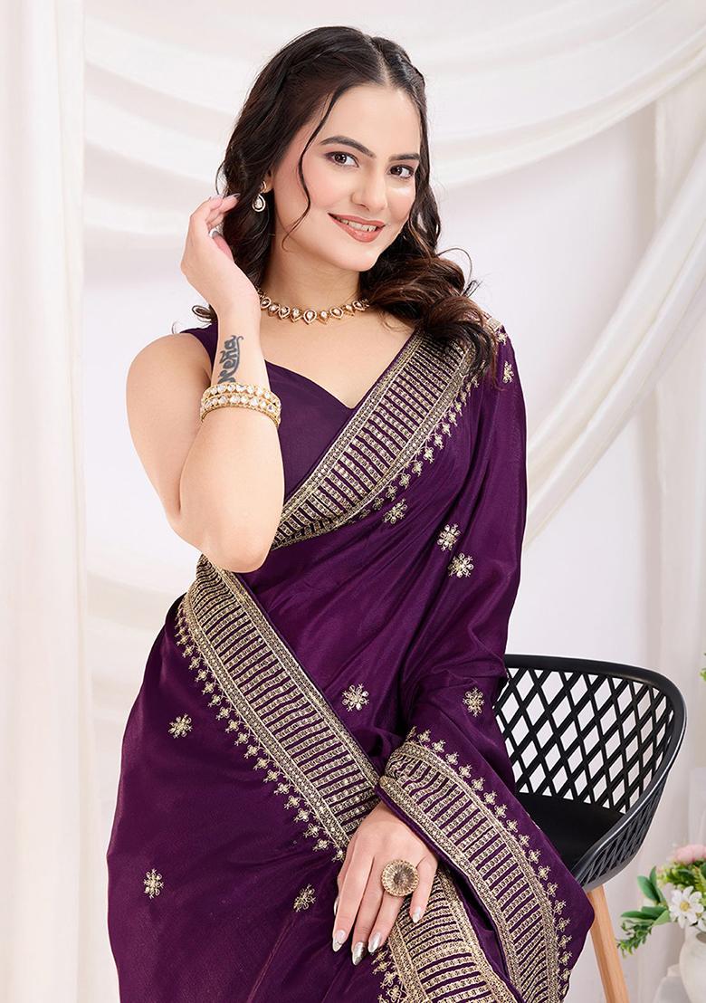 Purple Lace Work Chinon Sarees