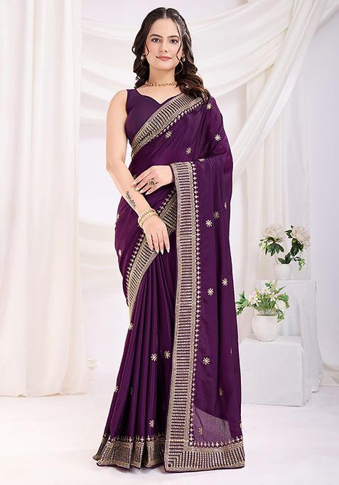 Purple Lace Work Chinon Sarees