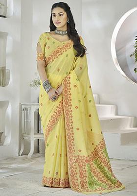 Yellow Digital Print Linen Sarees