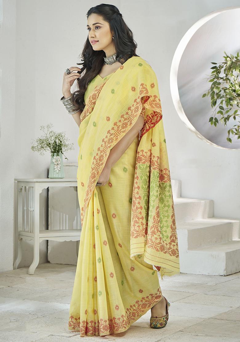 Yellow Digital Print Linen Sarees