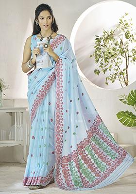 Sky Blue Digital Print Linen Sarees