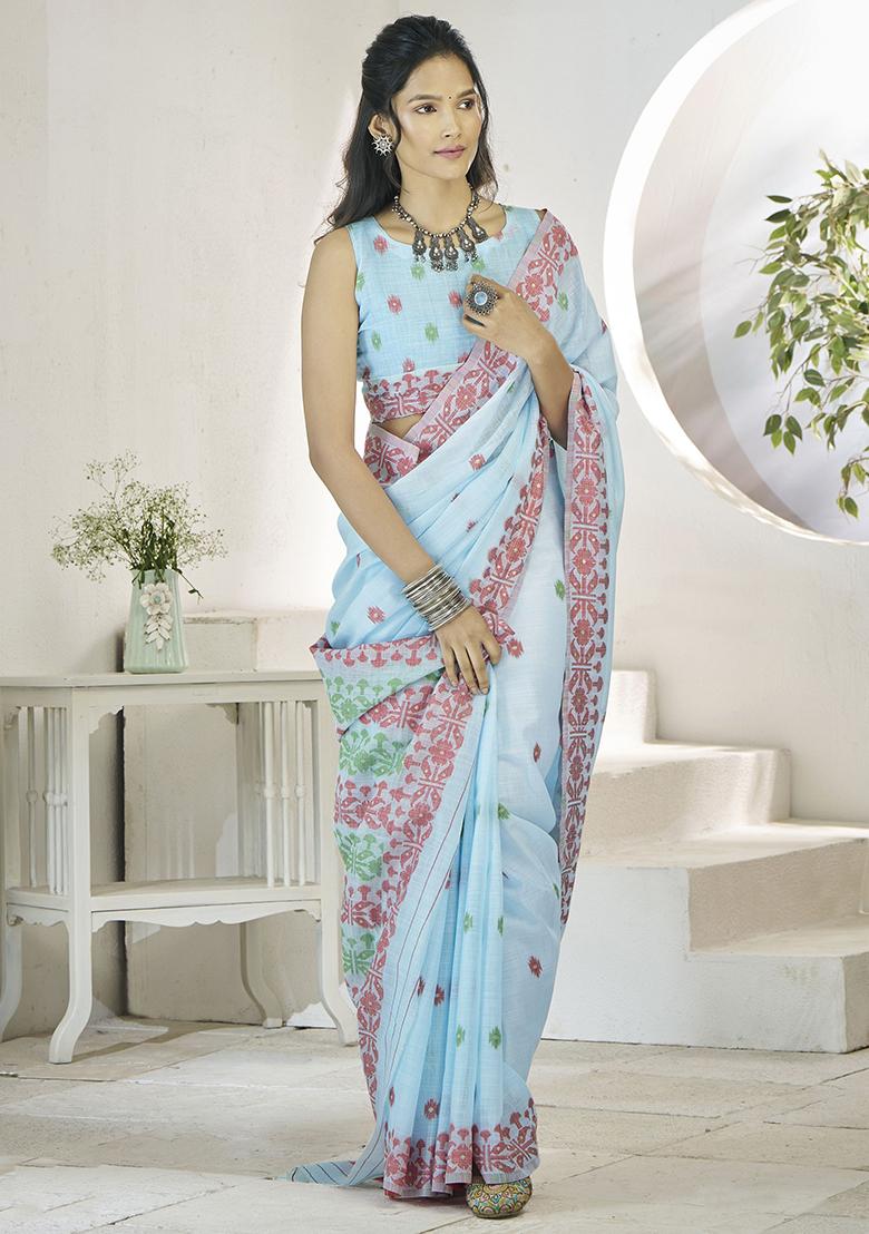Sky Blue Digital Print Linen Sarees