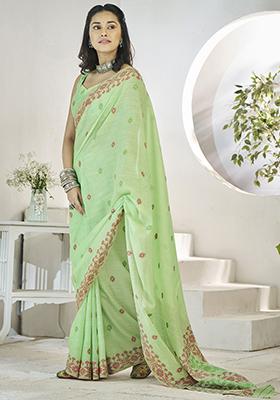 Green Digital Print Linen Sarees