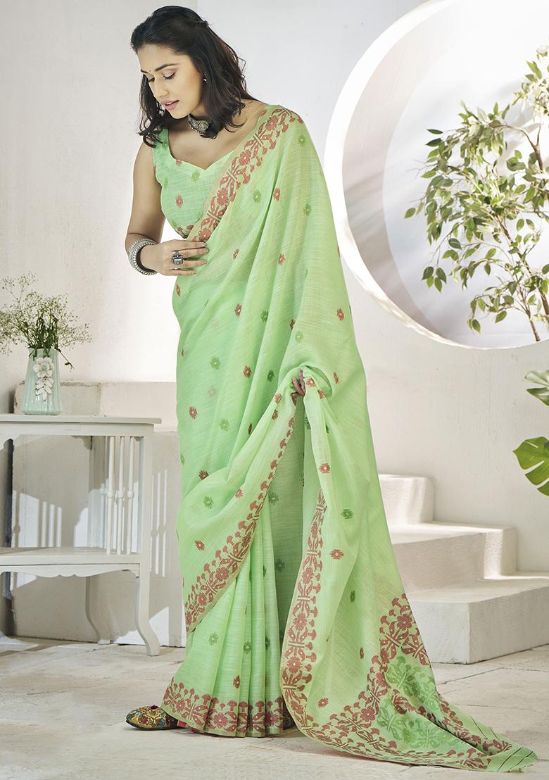 Green Digital Print Linen Sarees