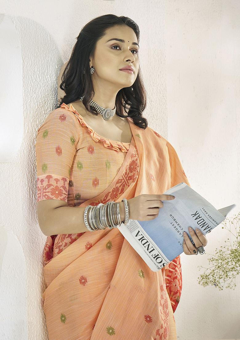 Orange Digital Print Linen Sarees