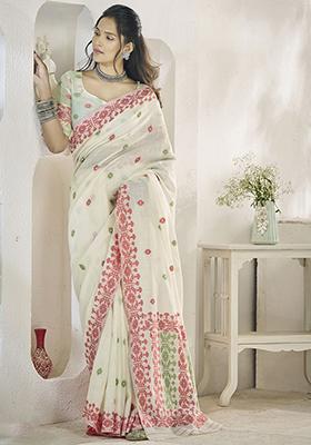 White Digital Print Linen Sarees