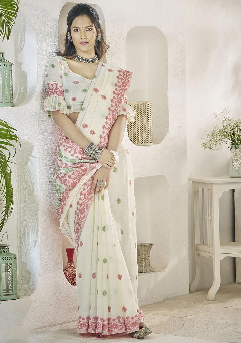 White Digital Print Linen Sarees