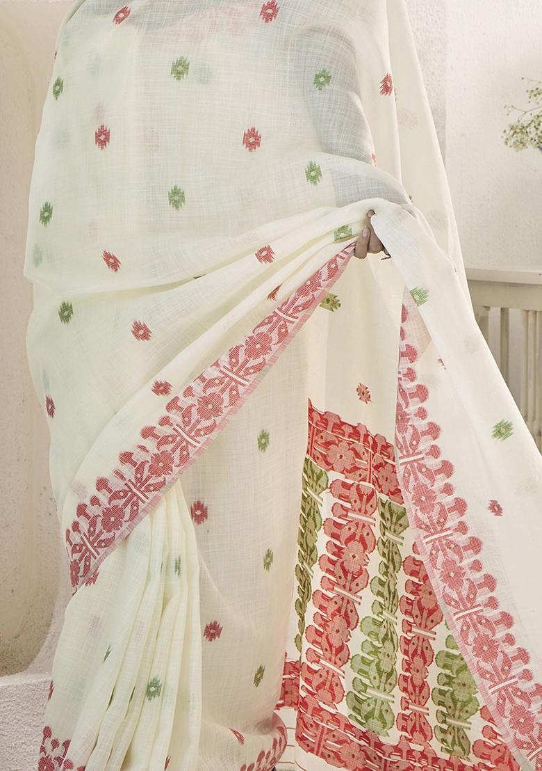 White Digital Print Linen Sarees