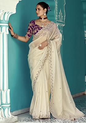 Cream Embroidered Tissue Silk Sarees