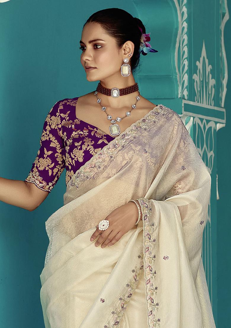 Cream Embroidered Tissue Silk Sarees
