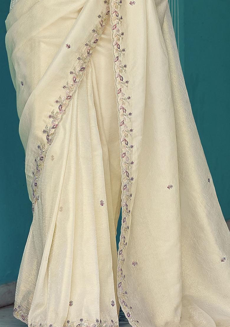 Cream Embroidered Tissue Silk Sarees