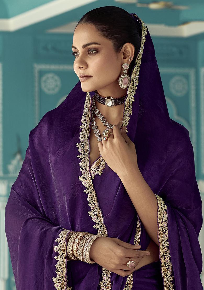 Purple Embroidered Tissue Silk Sarees