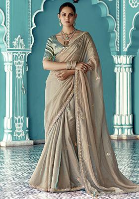 Beige Embroidered Tissue Silk Sarees