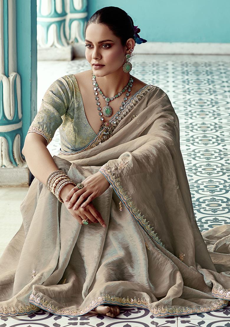 Beige Embroidered Tissue Silk Sarees