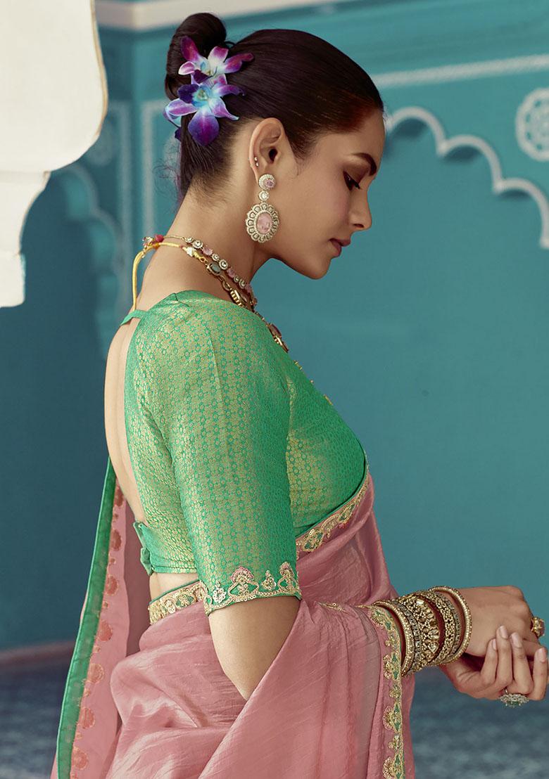 Peach Embroidered Tissue Silk Sarees