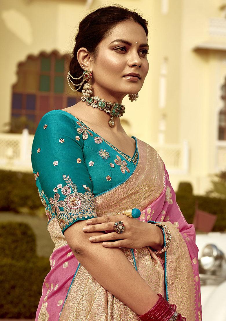 Pink Zari Weaving Silk Sarees