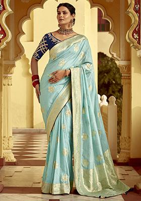 Sky Blue Zari Weaving Silk Sarees