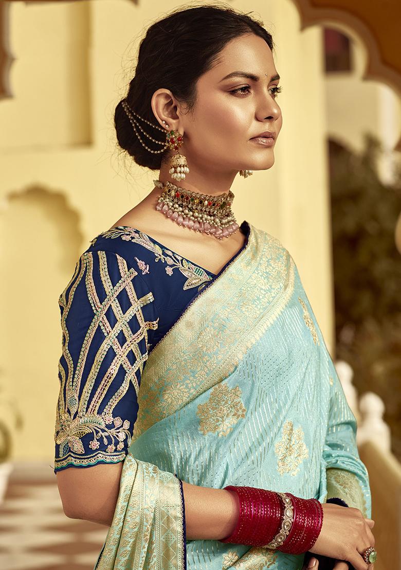Sky Blue Zari Weaving Silk Sarees