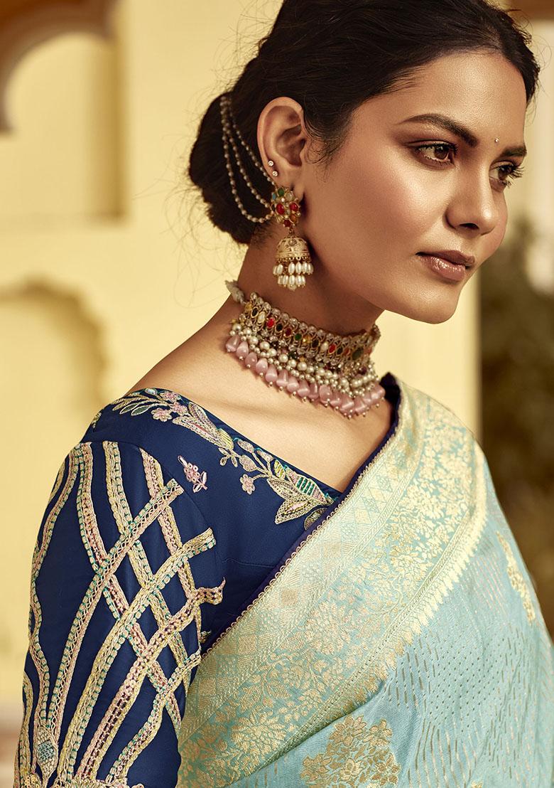 Sky Blue Zari Weaving Silk Sarees